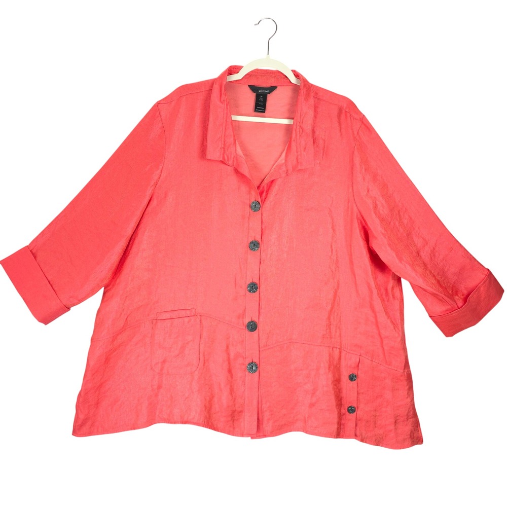 Ali Miles Shimmer Coral Button Front Blouse Women 3X‎ Lightweight 3/4 Sleeve